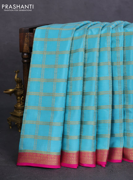 Pure mysore silk saree light blue and pink with allover zari checked pattern and zari woven border