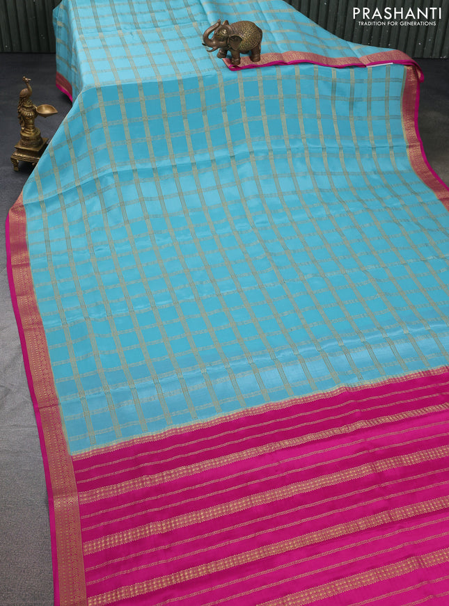 Pure mysore silk saree light blue and pink with allover zari checked pattern and zari woven border