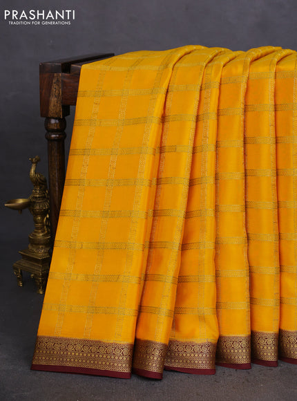 Pure mysore silk saree mustard yellow and maroon with allover zari checked pattern and zari woven border