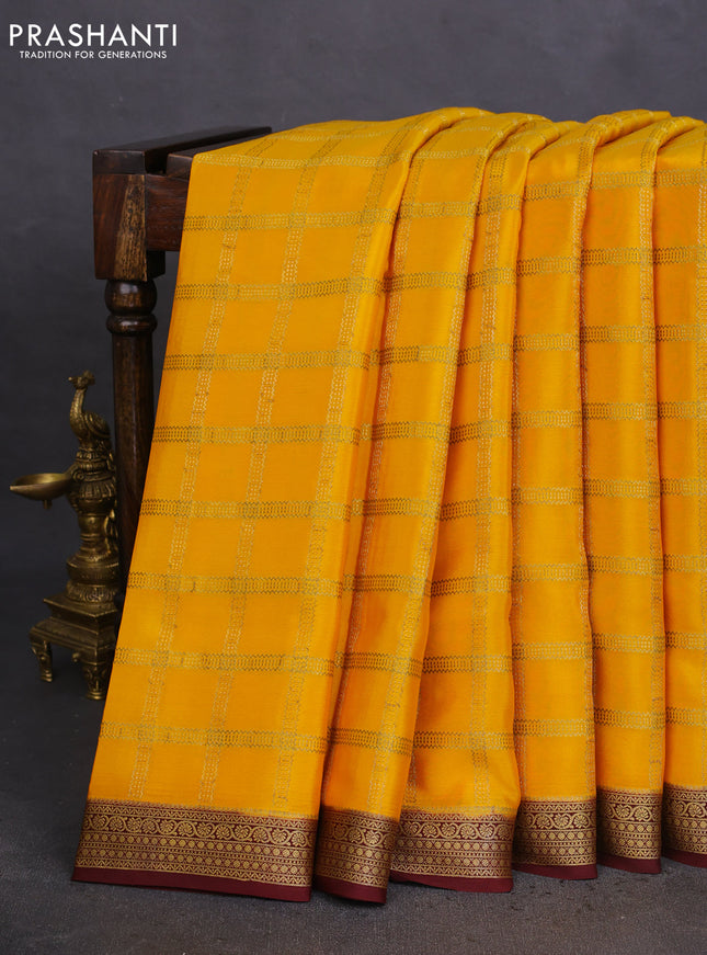 Pure mysore silk saree mustard yellow and maroon with allover zari checked pattern and zari woven border
