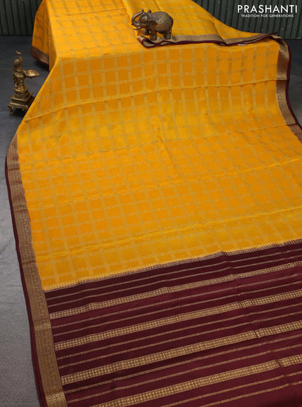 Pure mysore silk saree mustard yellow and maroon with allover zari checked pattern and zari woven border