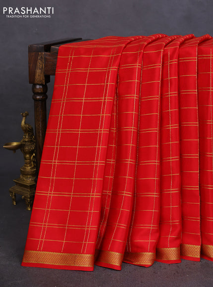 Pure mysore silk saree red with allover zari checked pattern and zari woven border
