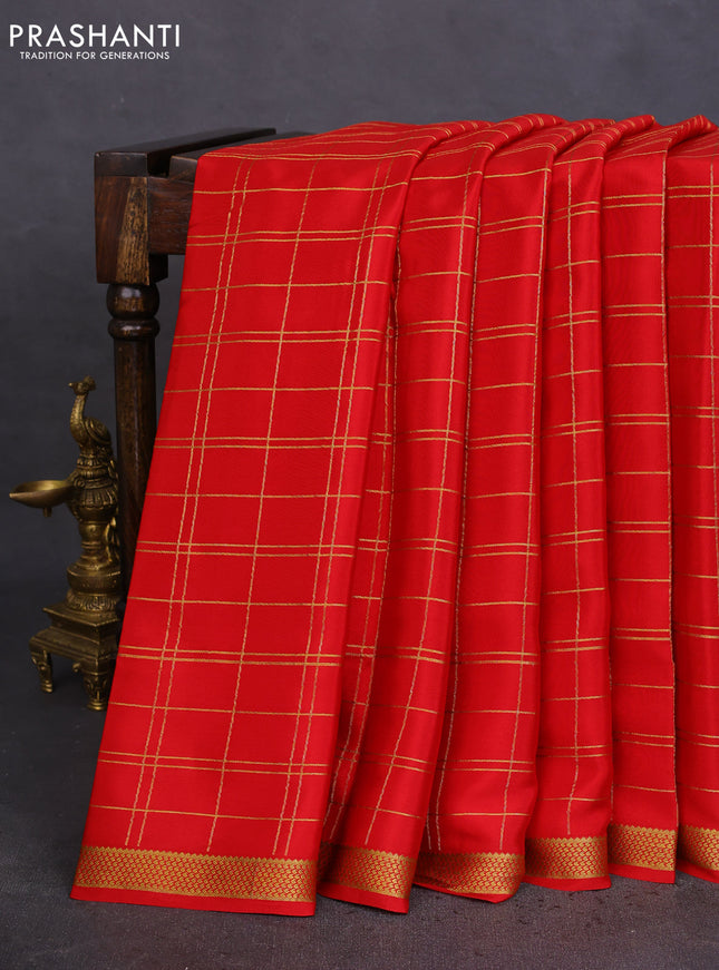 Pure mysore silk saree red with allover zari checked pattern and zari woven border