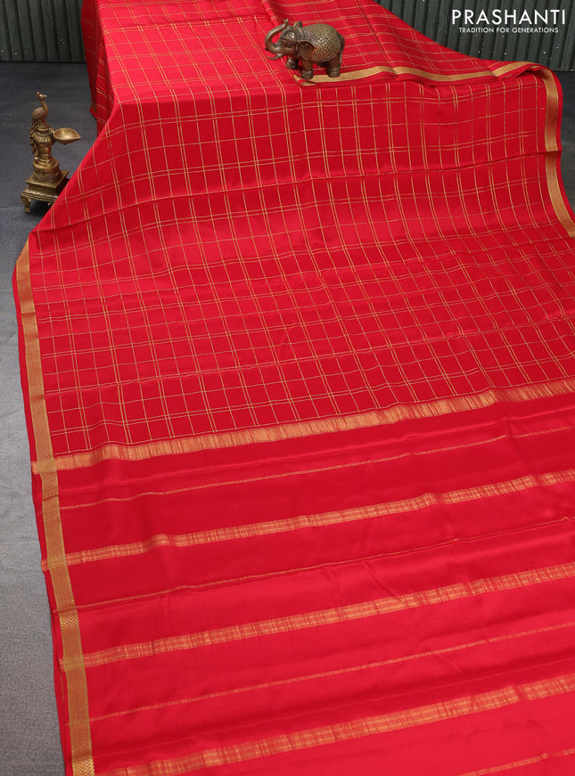 Pure mysore silk saree red with allover zari checked pattern and zari woven border