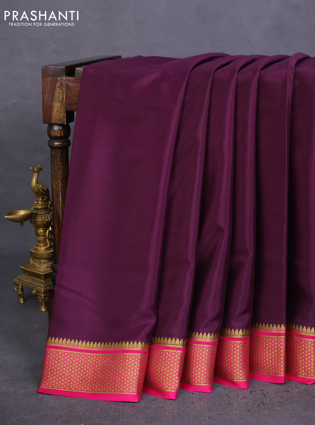 Pure mysore silk saree deep wine and pink with plain body and zari woven border