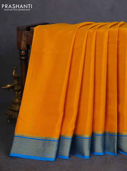Pure mysore silk saree mustard yellow and cs blue with plain body and zari woven border