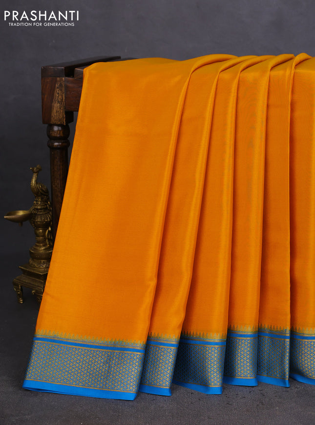 Pure mysore silk saree mustard yellow and cs blue with plain body and zari woven border