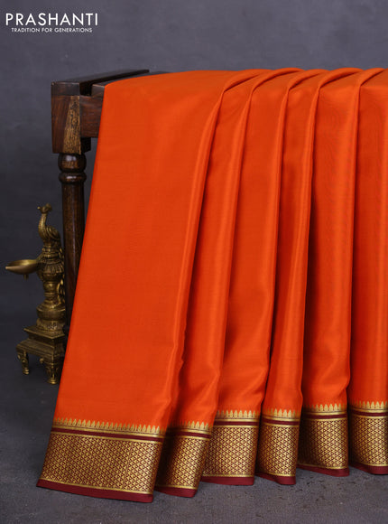 Pure mysore silk saree rustic orange and maroon with plain body and zari woven border