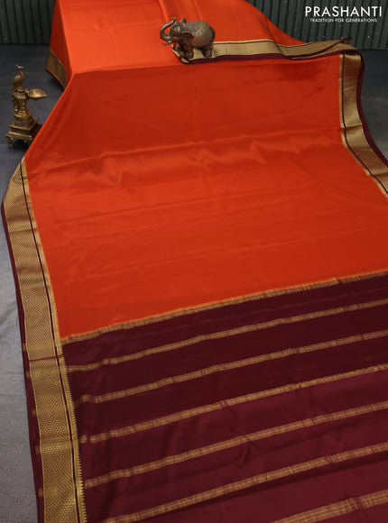 Pure mysore silk saree rustic orange and maroon with plain body and zari woven border