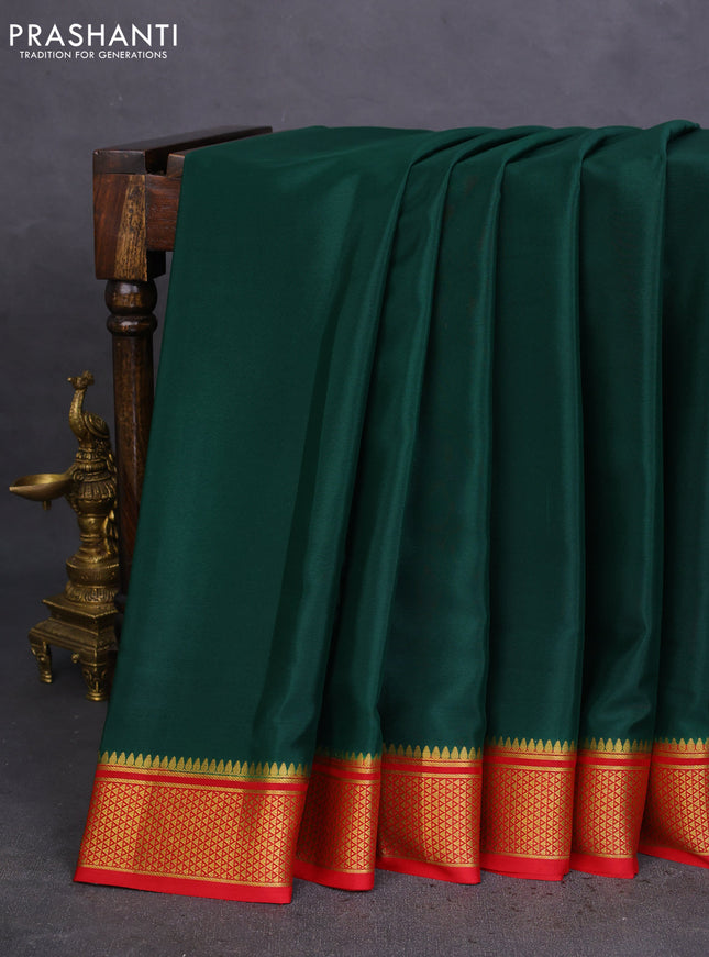 Pure mysore silk saree dark green and red with plain body and zari woven border