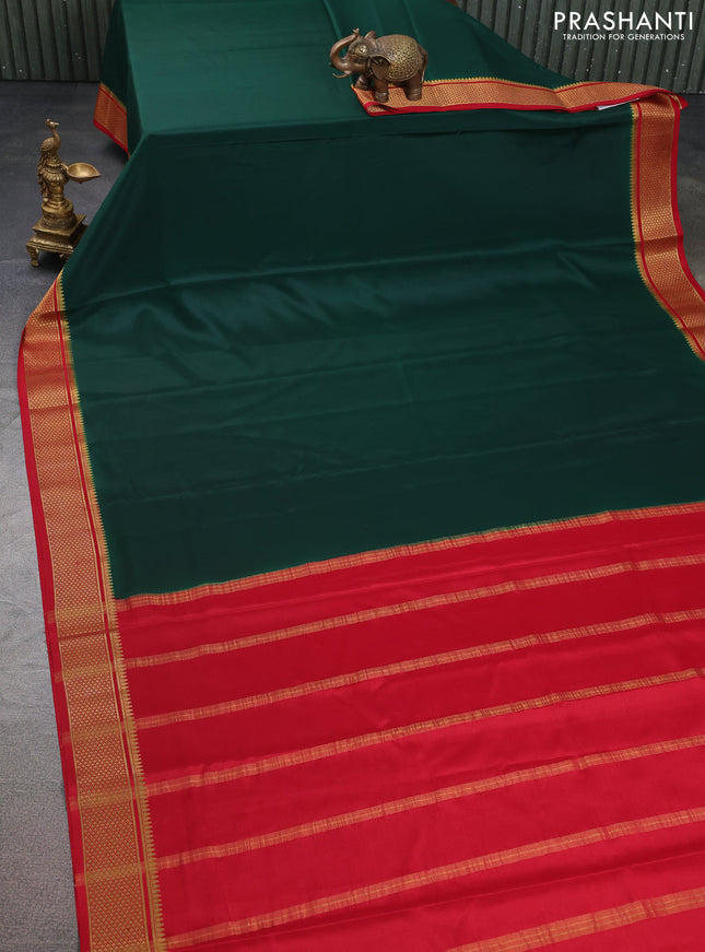 Pure mysore silk saree dark green and red with plain body and zari woven border
