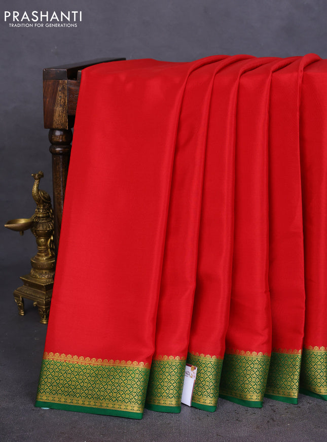 Pure mysore silk saree red and green with plain body and zari woven border