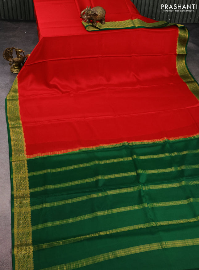 Pure mysore silk saree red and green with plain body and zari woven border