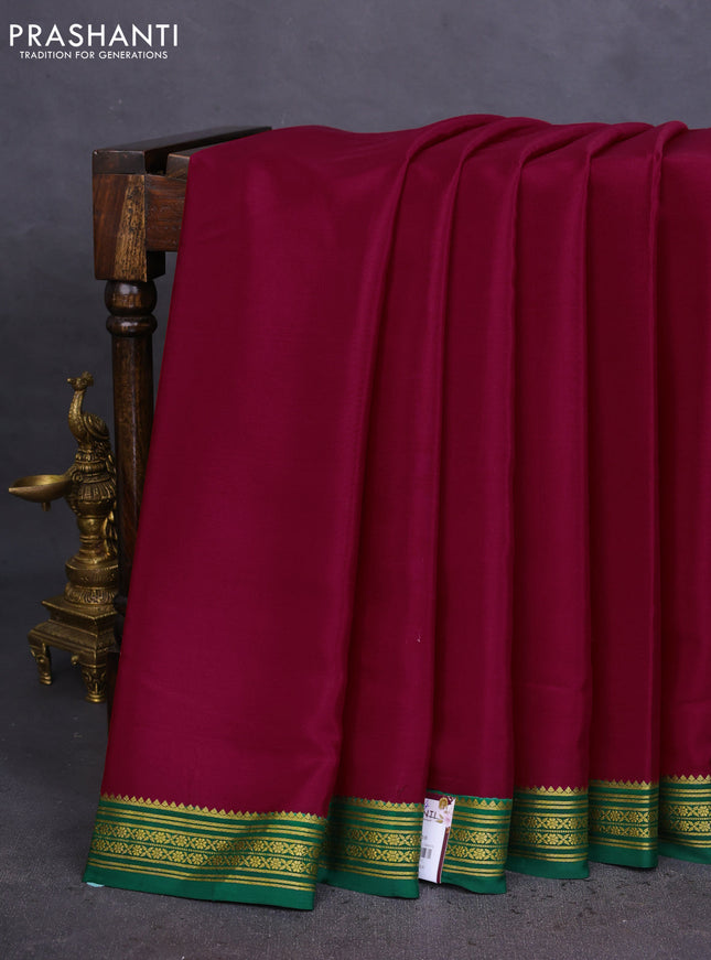 Pure mysore silk saree maroon and green with plain body and zari woven border