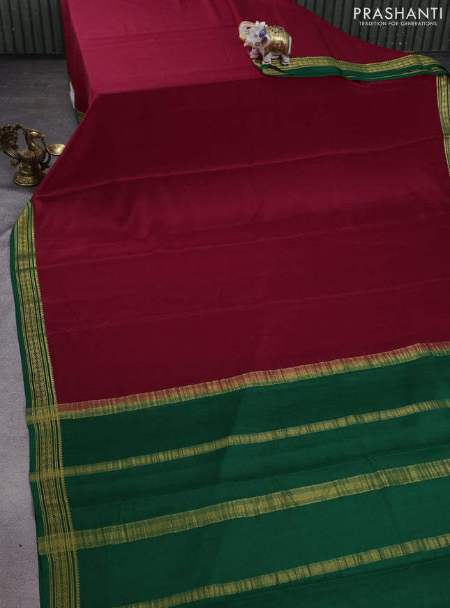 Pure mysore silk saree maroon and green with plain body and zari woven border