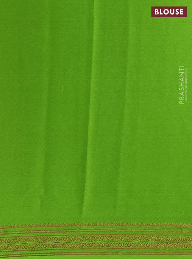 Pure mysore silk saree peach shade and light green with plain body and zari woven border