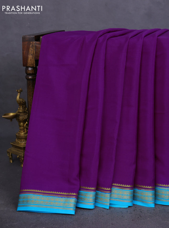 Pure mysore silk saree purple and teal blue with plain body and zari woven border