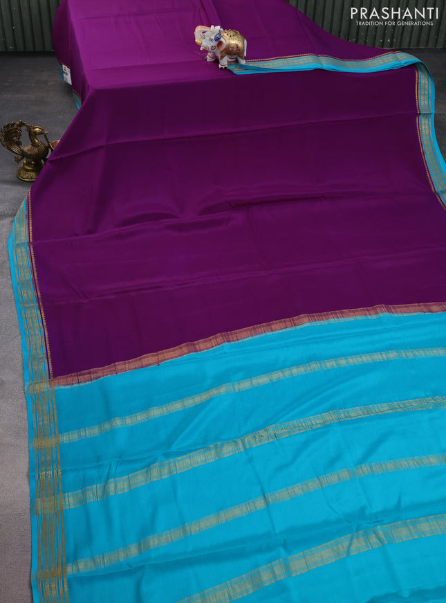 Pure mysore silk saree purple and teal blue with plain body and zari woven border
