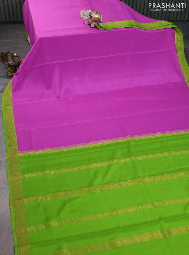 Pure mysore silk saree purple shade and light green with plain body and zari woven border