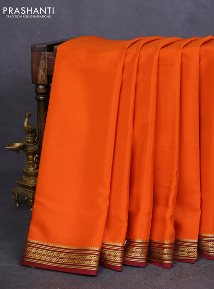 Pure mysore silk saree orange and maroon with plain body and zari woven border