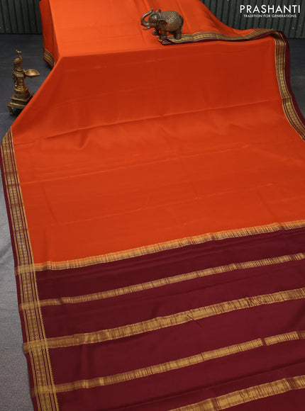 Pure mysore silk saree orange and maroon with plain body and zari woven border