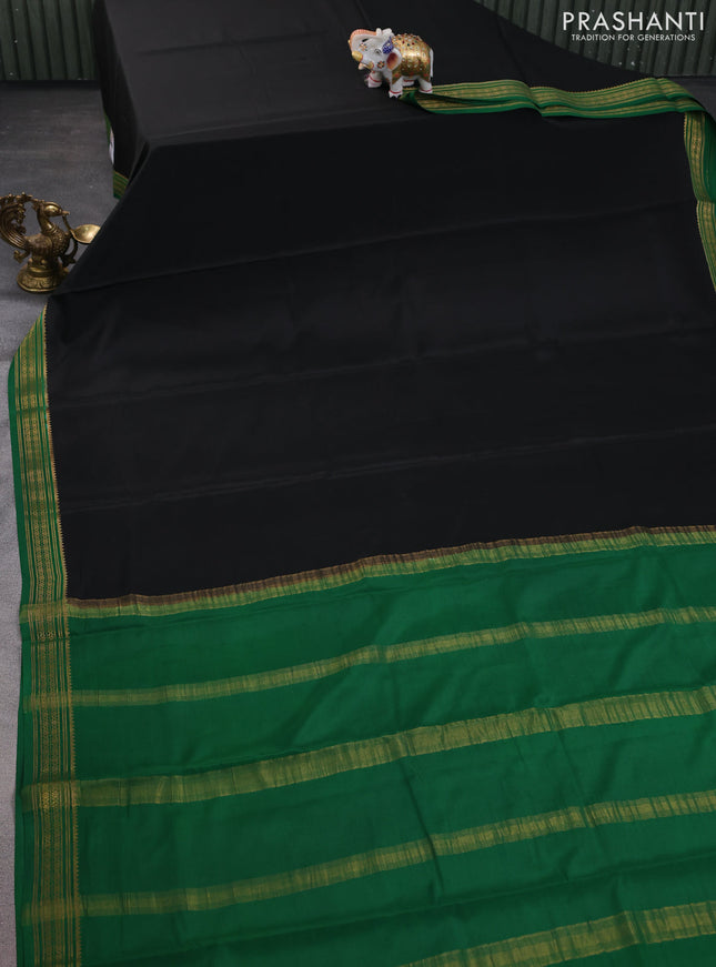 Pure mysore silk saree black and green with plain body and zari woven border