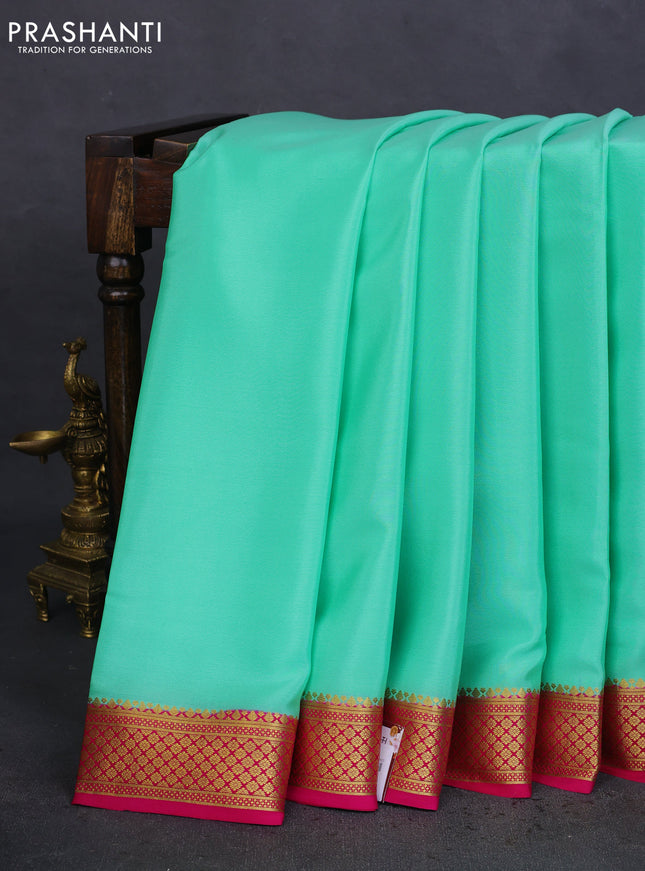 Pure mysore silk saree teal green and pink with plain body and zari woven border