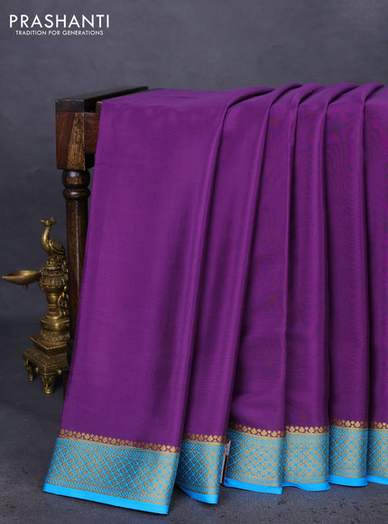 Pure mysore silk saree purple and blue with plain body and zari woven border