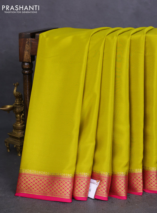 Pure mysore silk saree lime yellow and pink with plain body and zari woven border