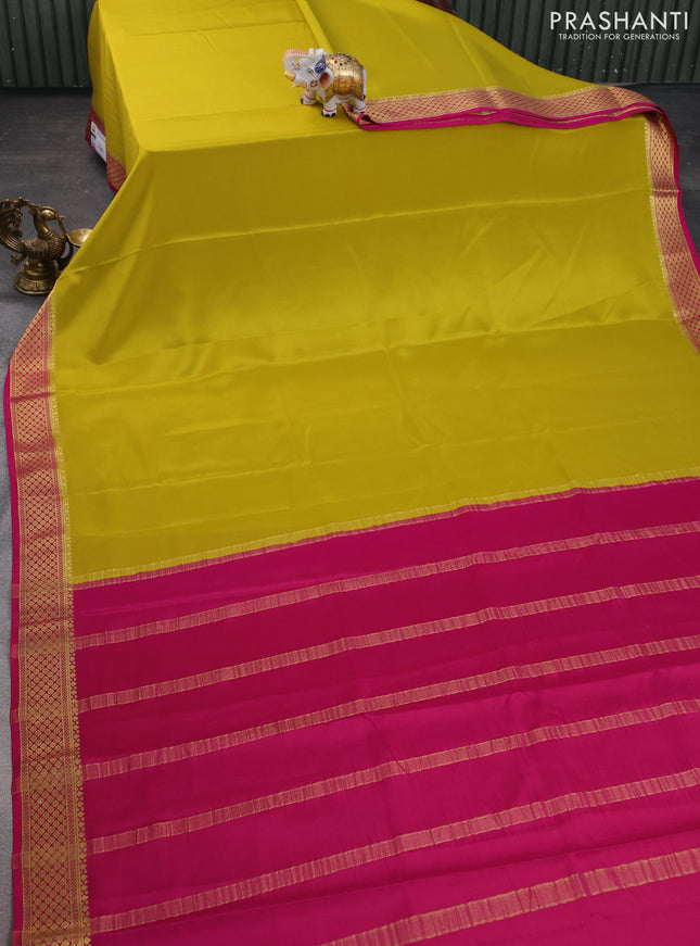 Pure mysore silk saree lime yellow and pink with plain body and zari woven border