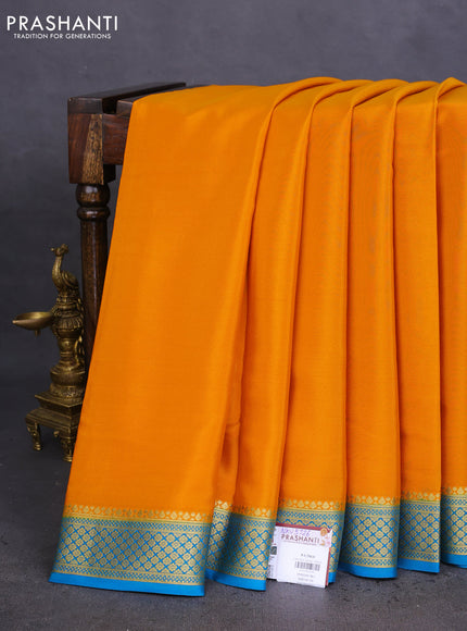 Pure mysore silk saree mango yellow and cs blue with plain body and zari woven border
