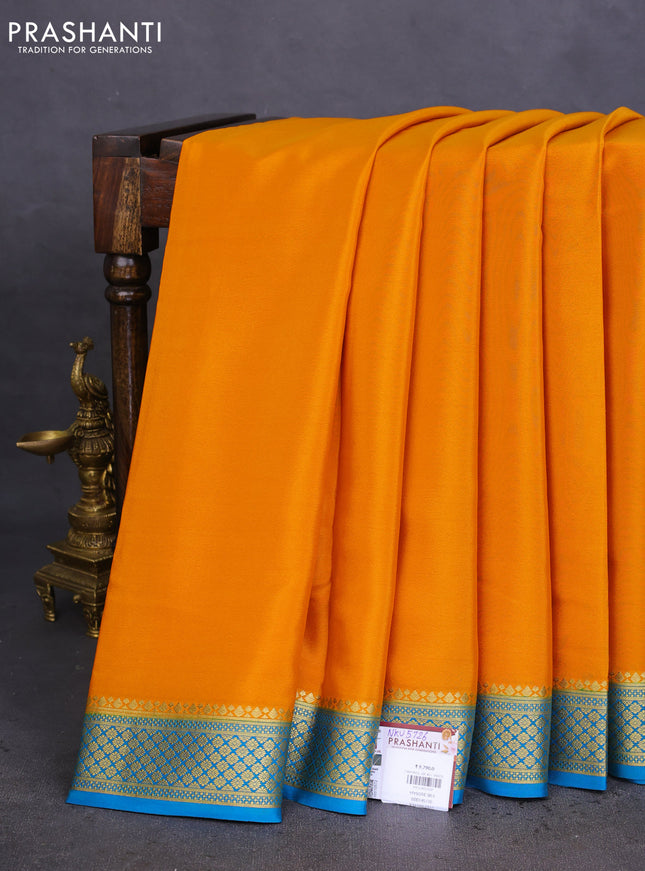 Pure mysore silk saree mango yellow and cs blue with plain body and zari woven border