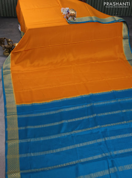 Pure mysore silk saree mango yellow and cs blue with plain body and zari woven border
