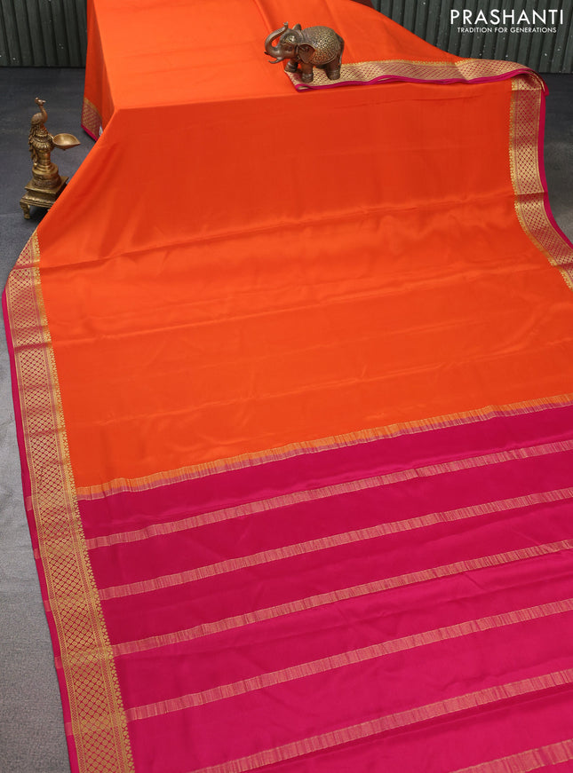 Pure mysore silk saree orange and pink with plain body and zari woven border