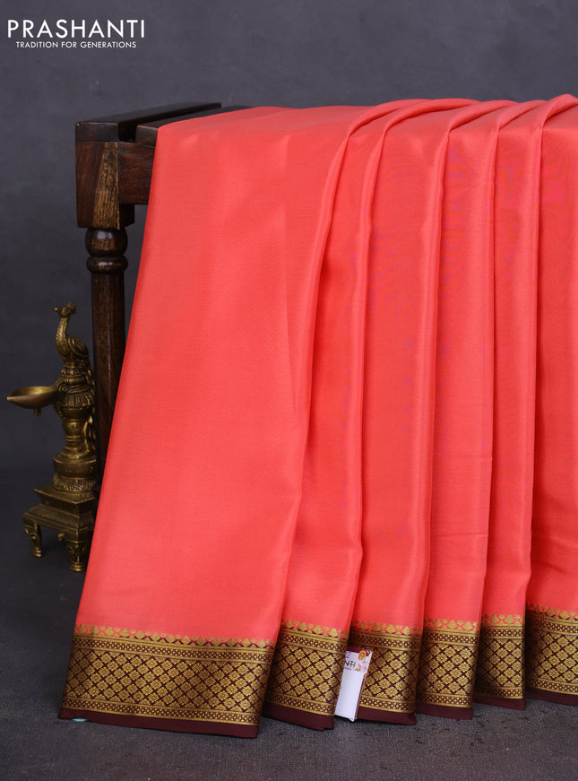 Pure mysore silk saree peach orange and brown with plain body and zari woven border
