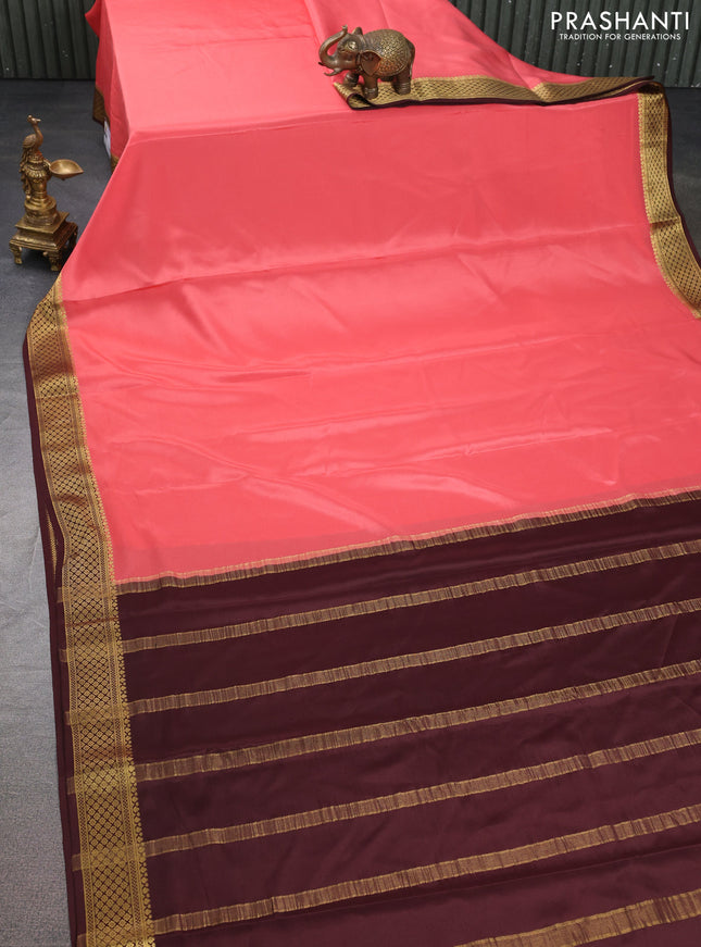 Pure mysore silk saree peach orange and brown with plain body and zari woven border