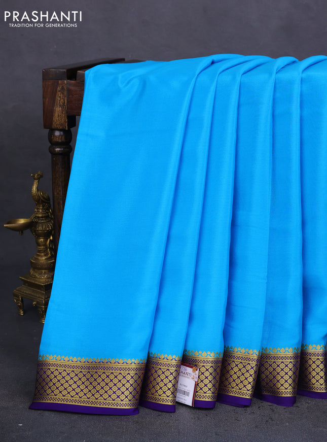 Pure mysore silk saree light blue and dark blue with plain body and zari woven border