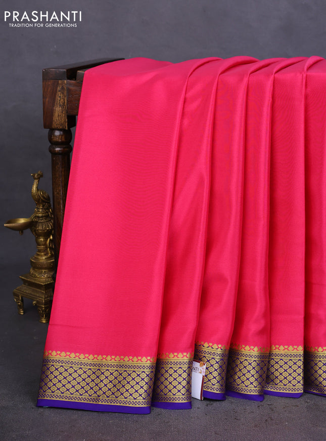 Pure mysore silk saree pink and blue with plain body and zari woven border