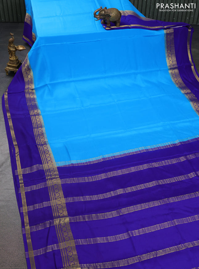 Pure mysore silk saree light blue and blue with plain body and rettapet zari woven border
