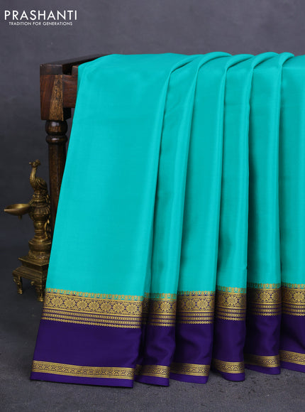 Pure mysore silk saree teal green and dark blue with plain body and rettapet zari woven border