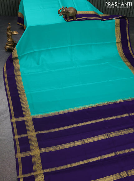 Pure mysore silk saree teal green and dark blue with plain body and rettapet zari woven border