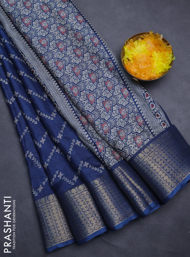 Semi dola saree peacock blue with allover zig zag prints and zari woven border