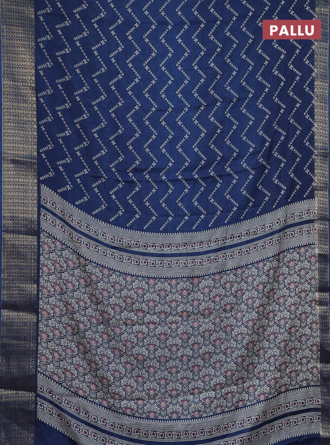 Semi dola saree peacock blue with allover zig zag prints and zari woven border