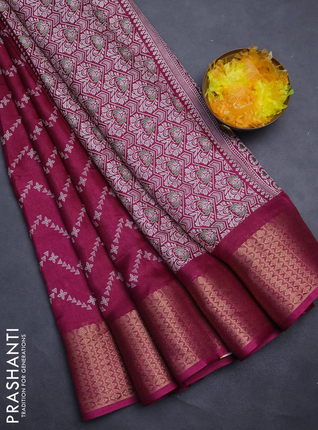 Semi dola saree wine shade with allover zig zag prints and zari woven border