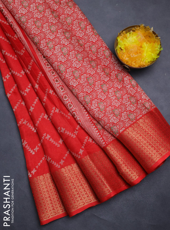 Semi dola saree red with allover zig zag prints and zari woven border