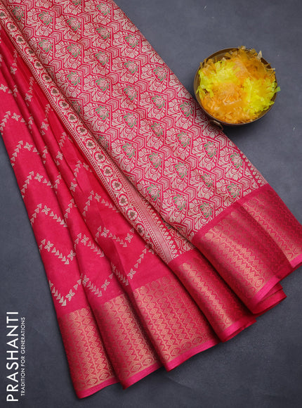 Semi dola saree pink with allover zig zag prints and zari woven border