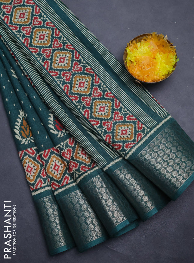 Semi dola saree dark green with allover prints and zari woven border