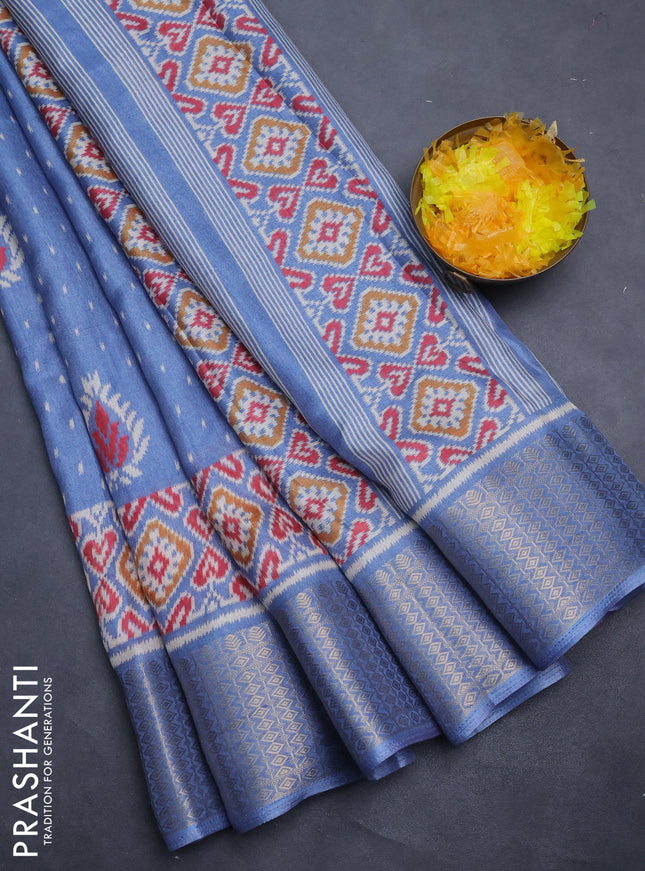 Semi dola saree bluish grey with allover prints and zari woven border