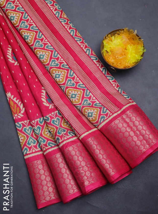 Semi dola saree pink with allover prints and zari woven border