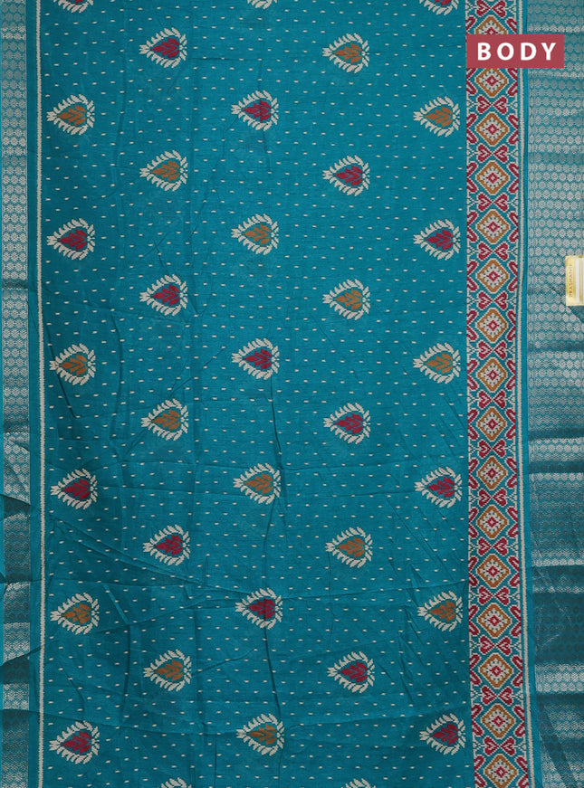 Semi dola saree teal blue with allover prints and zari woven border